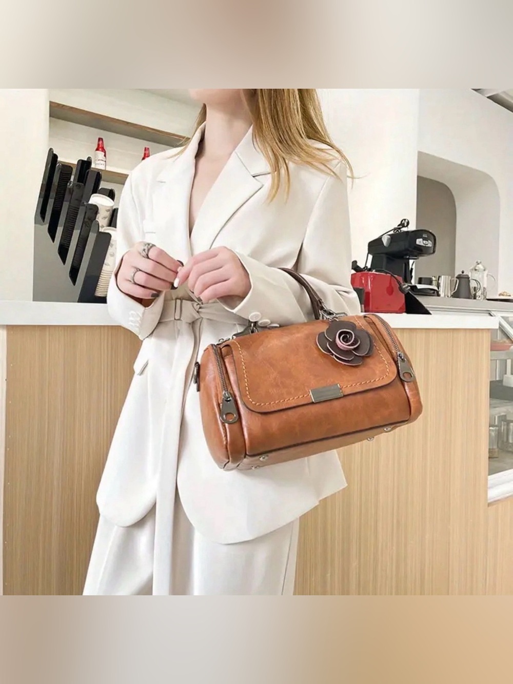 Classic Women's Satchel Handbag in Brown with Floral Accent